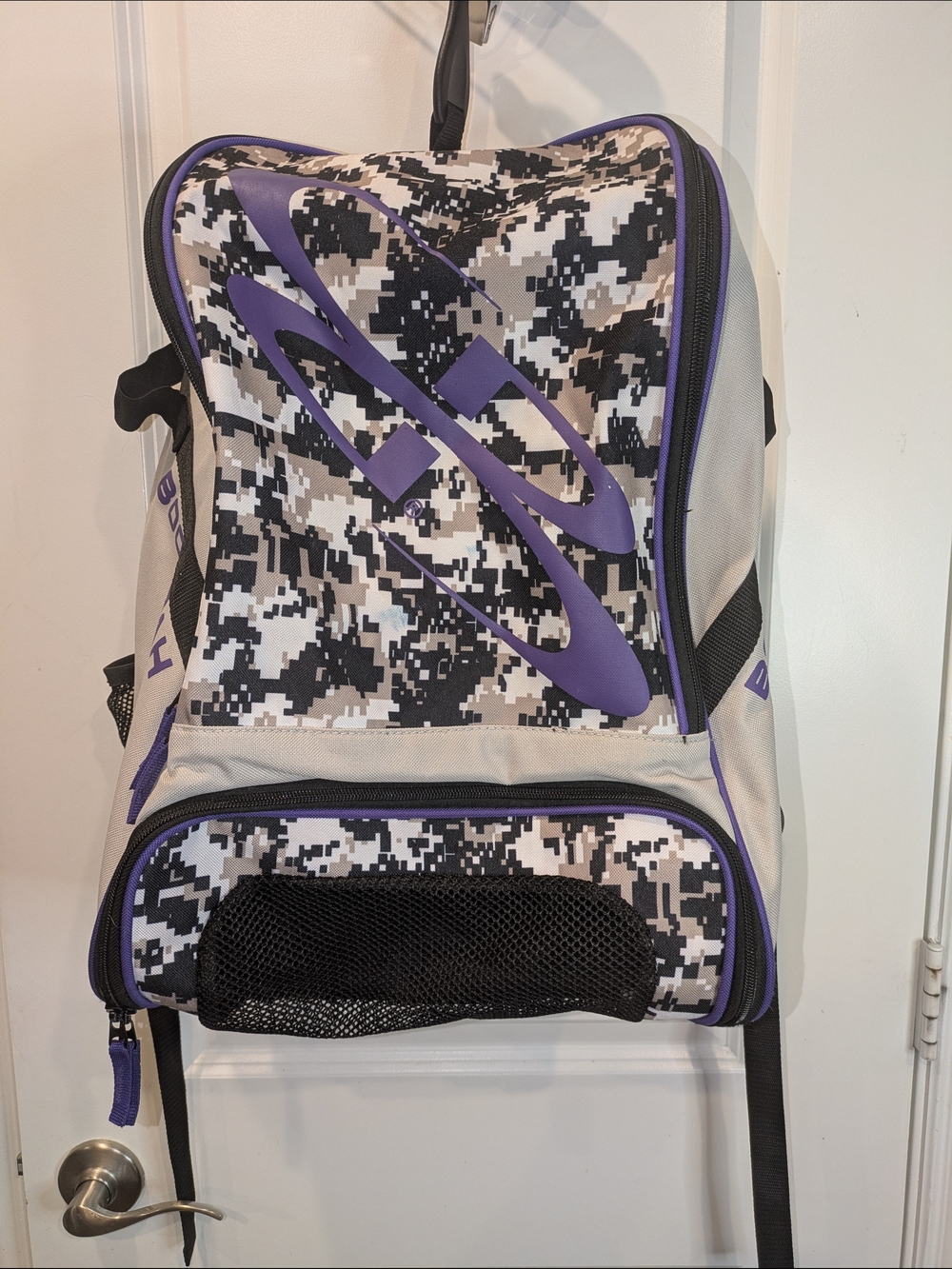 Boombah Superpack Baseball Softball Backpack Gray Digital Camo Purple 18"x13"x8